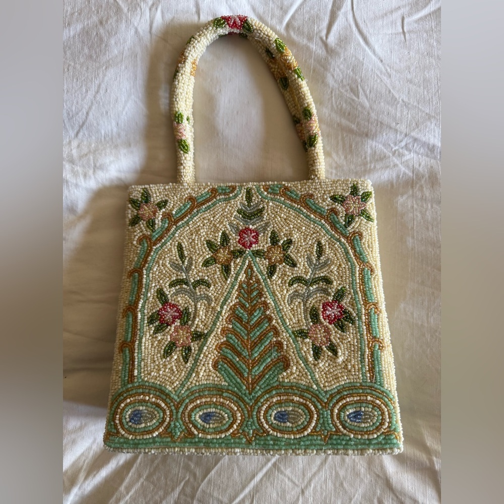 Vintage Beaded Bag with Cream, Pink & Green Floral Design.